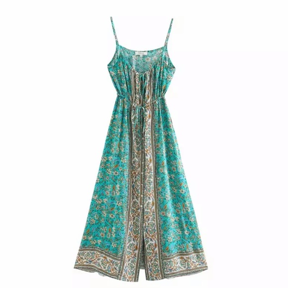 Gypsy Boho Floral Button Up Midi Dress Turquoise - Picture 3 of 7